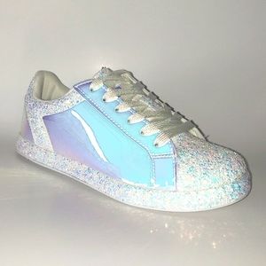 Women's Glitter Metallic Holographic Sparkle Sneakers Casual Flat Sneakers